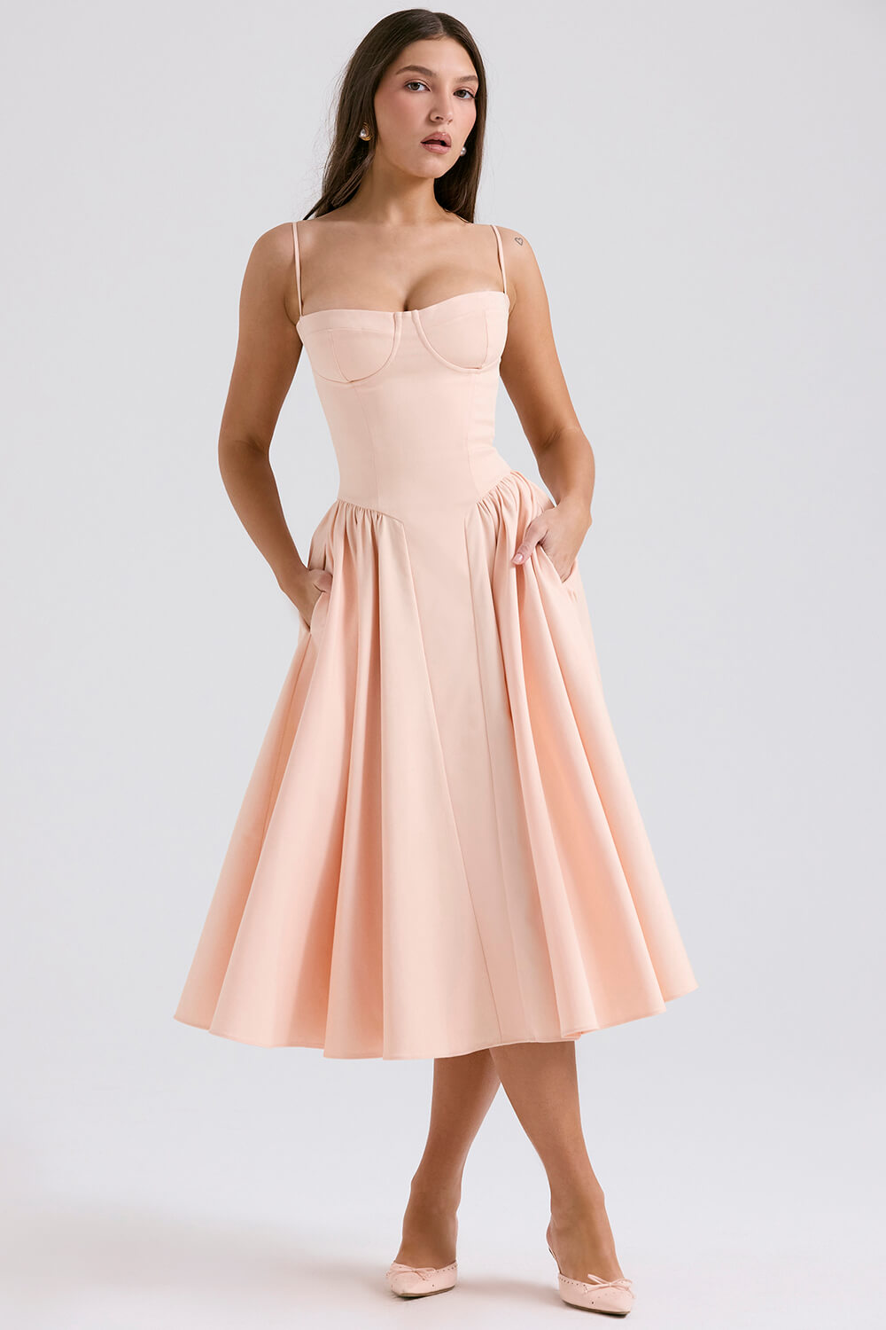 Peach parfait twill corset midi dress