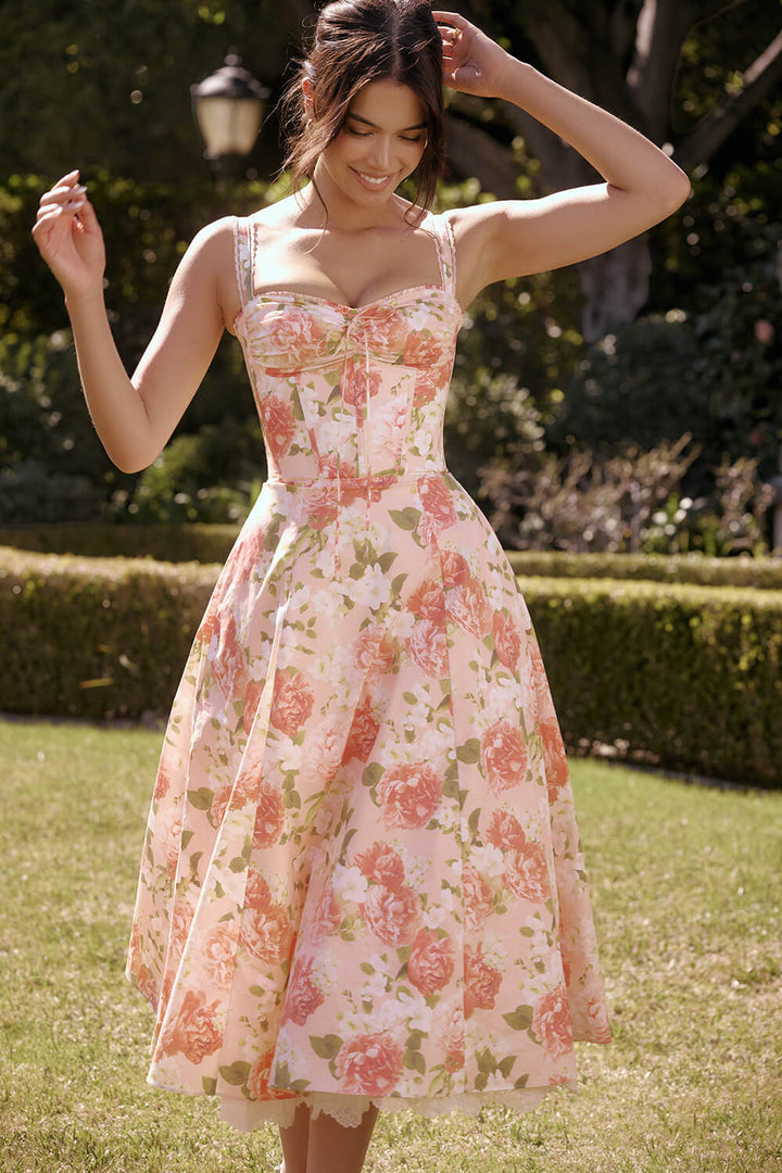 Pink peony print cotton bustier sundress